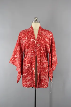 1960s Vintage Silk Haori Kimono Cardigan Jacket in Red Orange Shibori