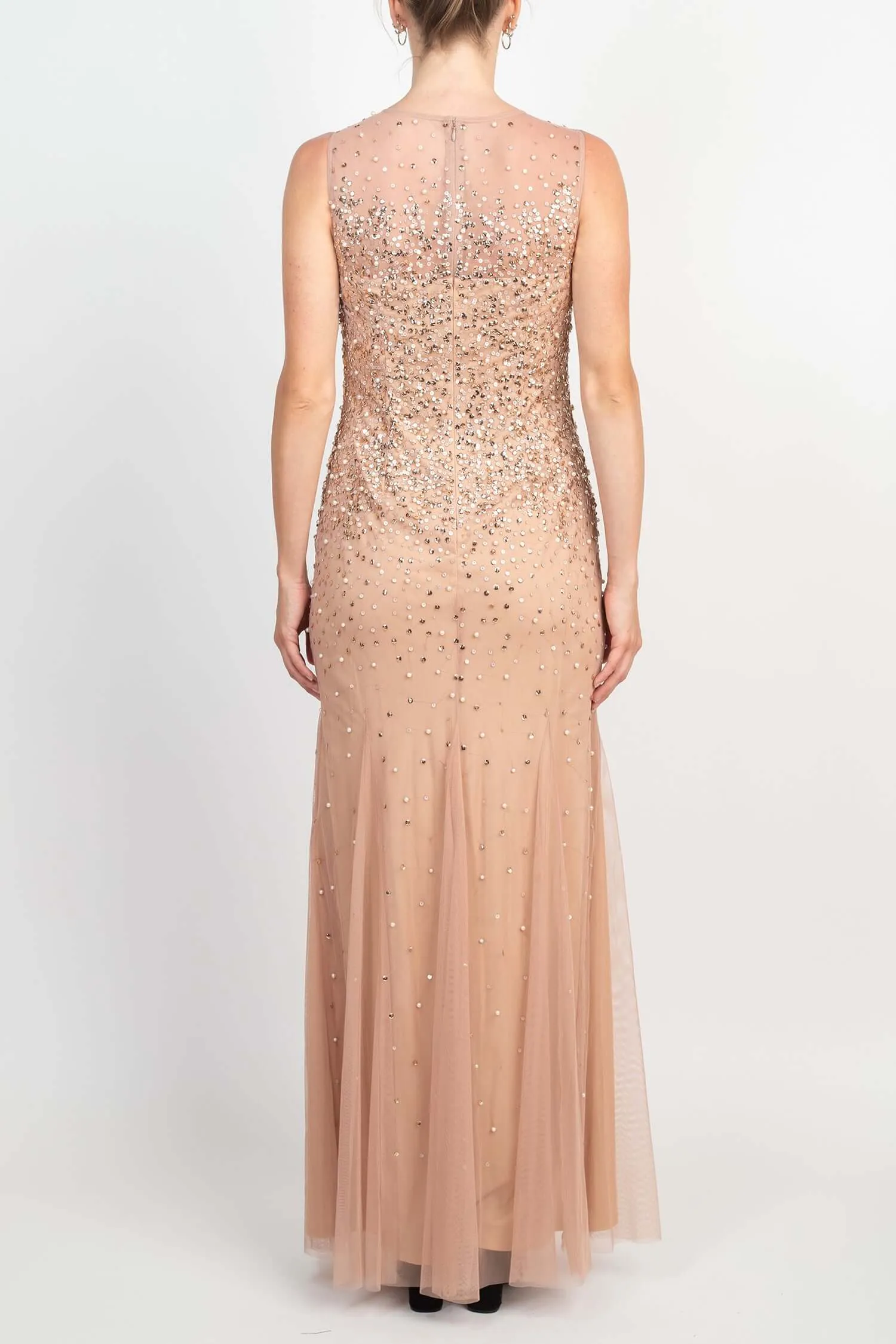 Adrianna Papell Illusion Crew Neck Sleeveless Beaded Sequined Bodycon Zipper Back Godet Mesh Gown