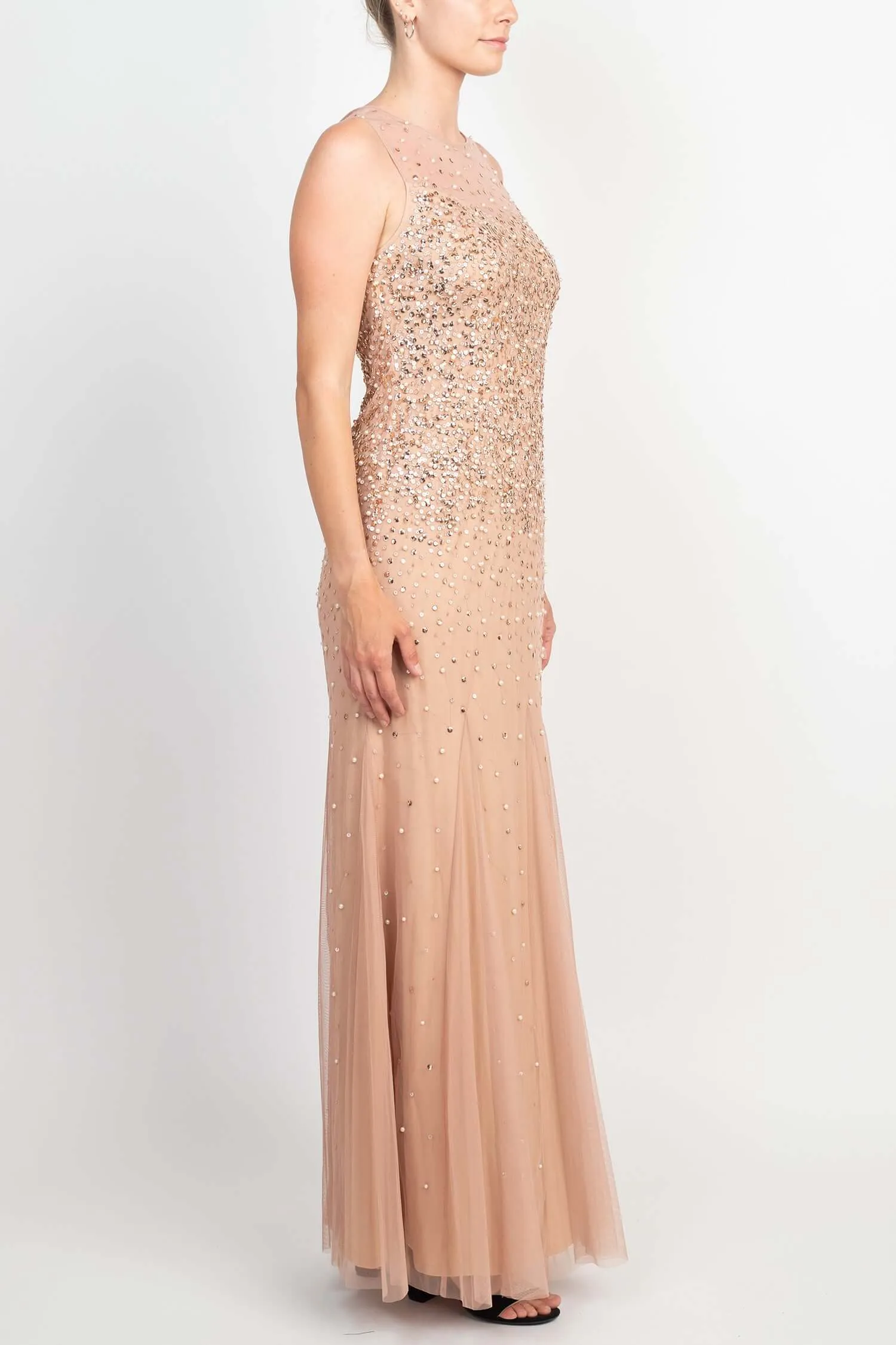 Adrianna Papell Illusion Crew Neck Sleeveless Beaded Sequined Bodycon Zipper Back Godet Mesh Gown