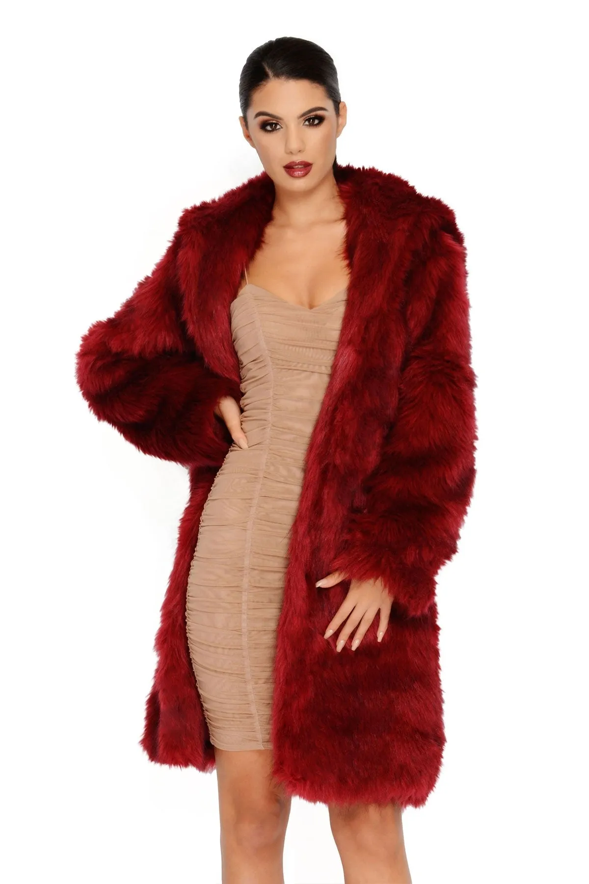 All Good In The Hood Faux Fur Coat in Wine