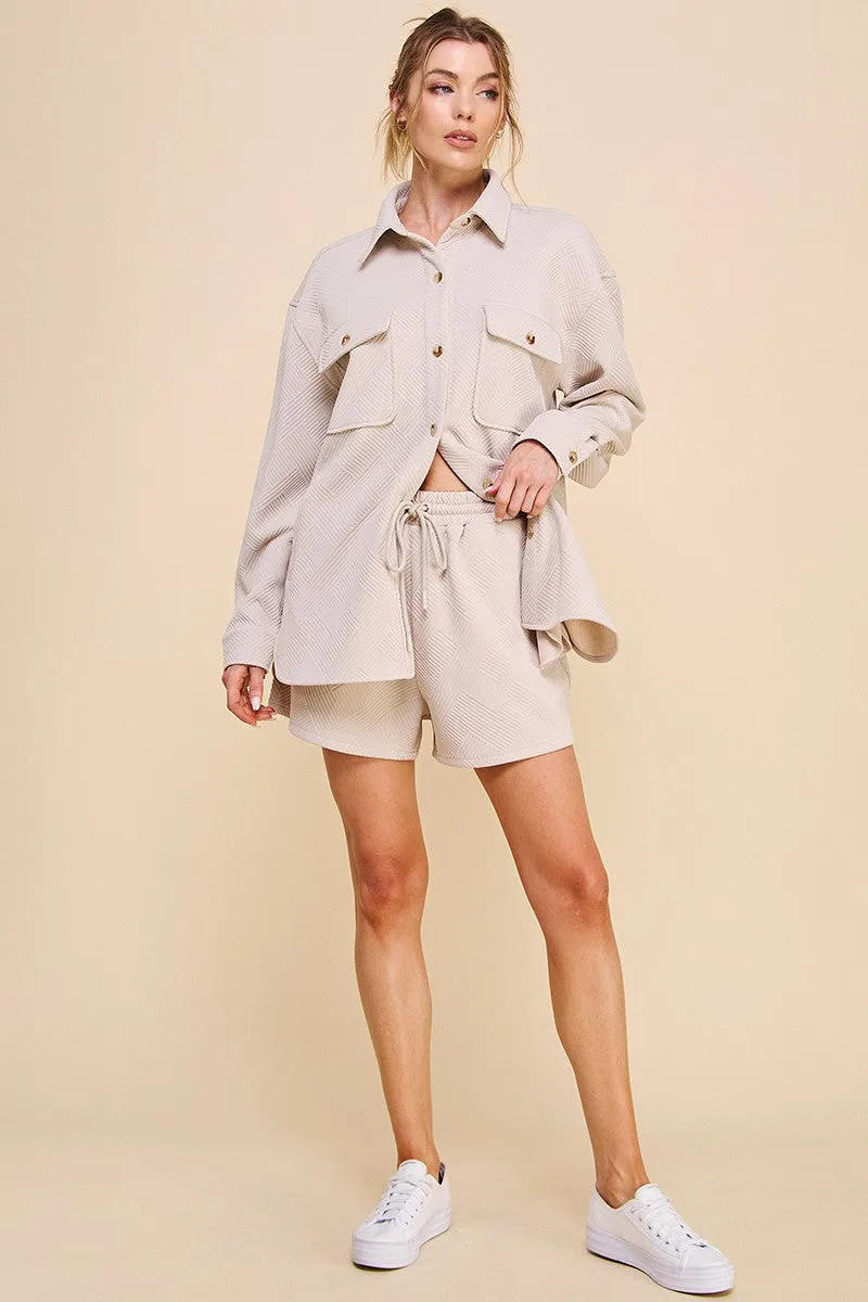 Allie Rose Solid Color Jacquard Knit Shacket in Pastel Sand