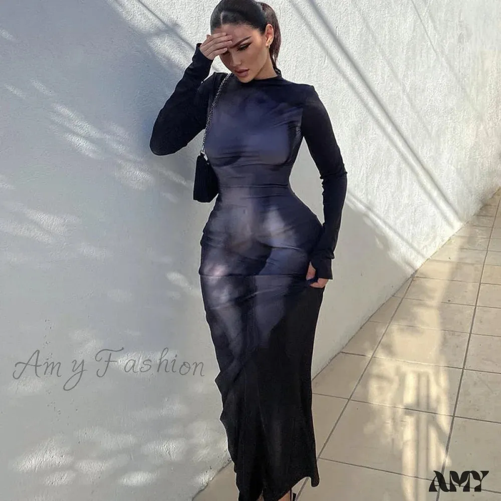 Amy Fashion - Long Sleeve Party Club Bodycon Streetwear Long Dress