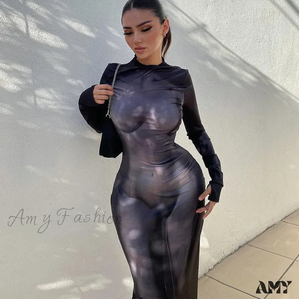 Amy Fashion - Long Sleeve Party Club Bodycon Streetwear Long Dress