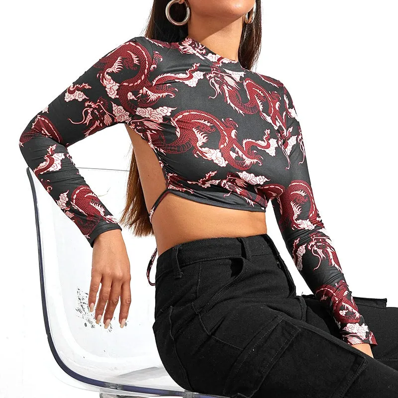 Asymmetrical Tie Up Backless Dragon O-neck Crop Top