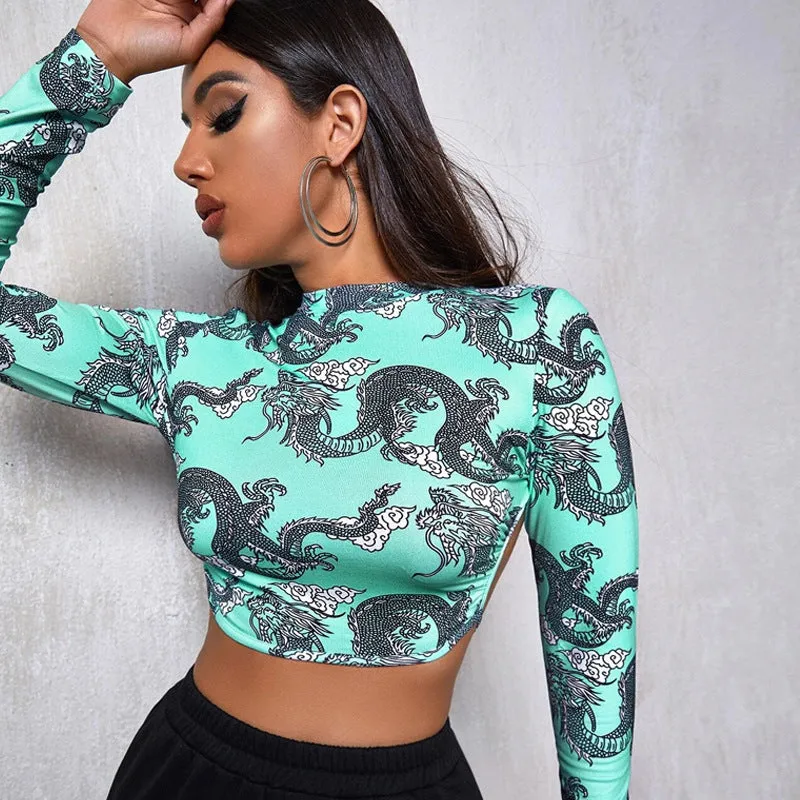 Asymmetrical Tie Up Backless Dragon O-neck Crop Top