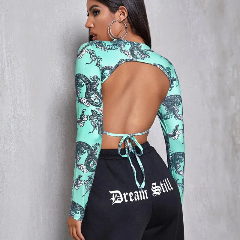 Asymmetrical Tie Up Backless Dragon O-neck Crop Top