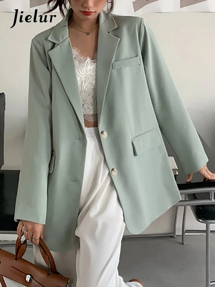 Autumn Loose Casual Blazer Women Thin Women Elegant Office Lady Coat Female Black Pink Apricot Suit Jacket M-XXL