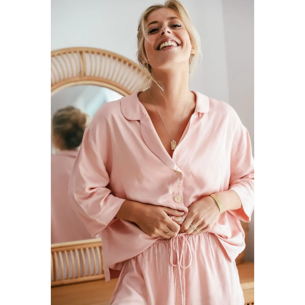 Bamboo Pyjamas - Crop Button Up   Short PJ Set in Pink