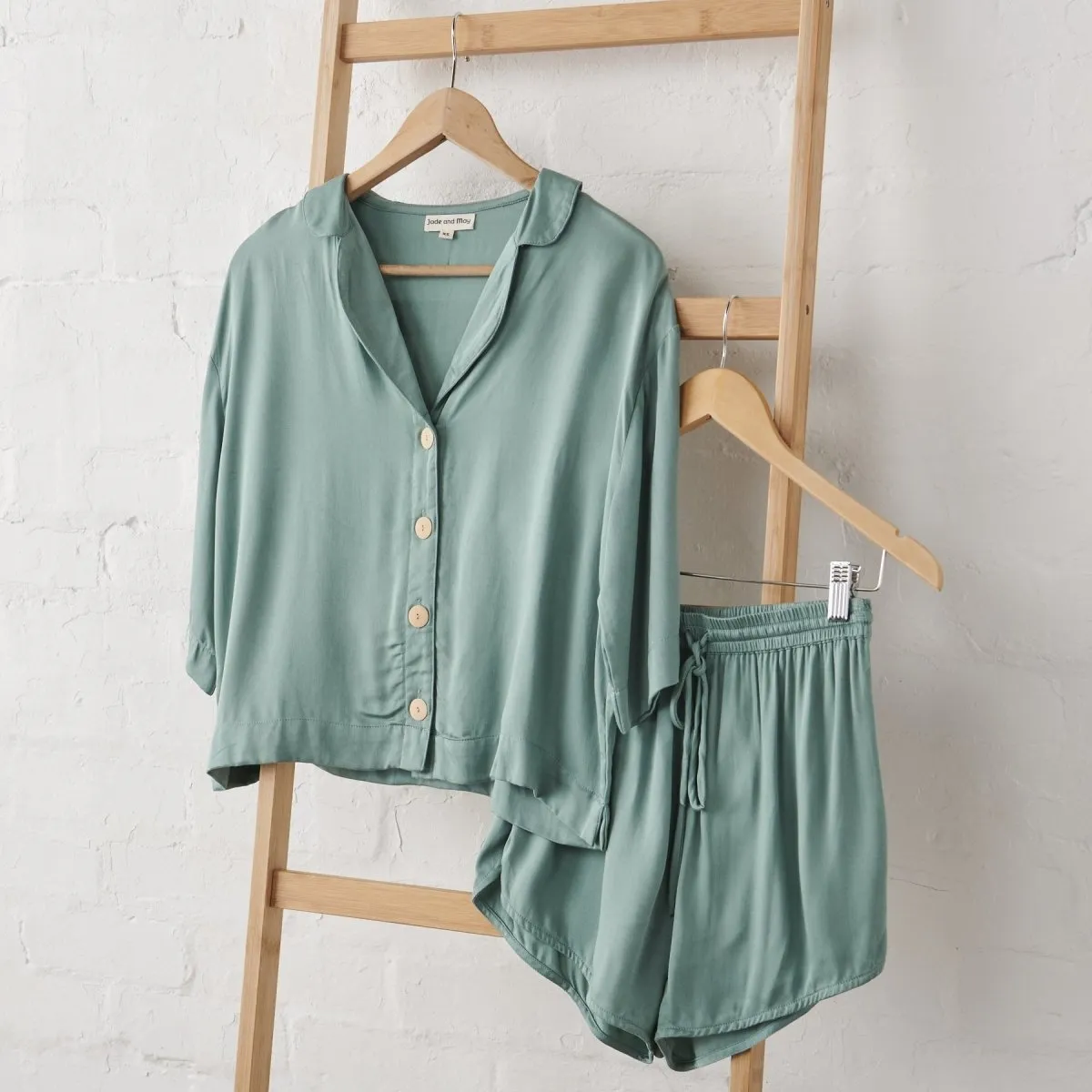 Bamboo Pyjamas - Crop Button Up   Short PJ Set in Sage Green