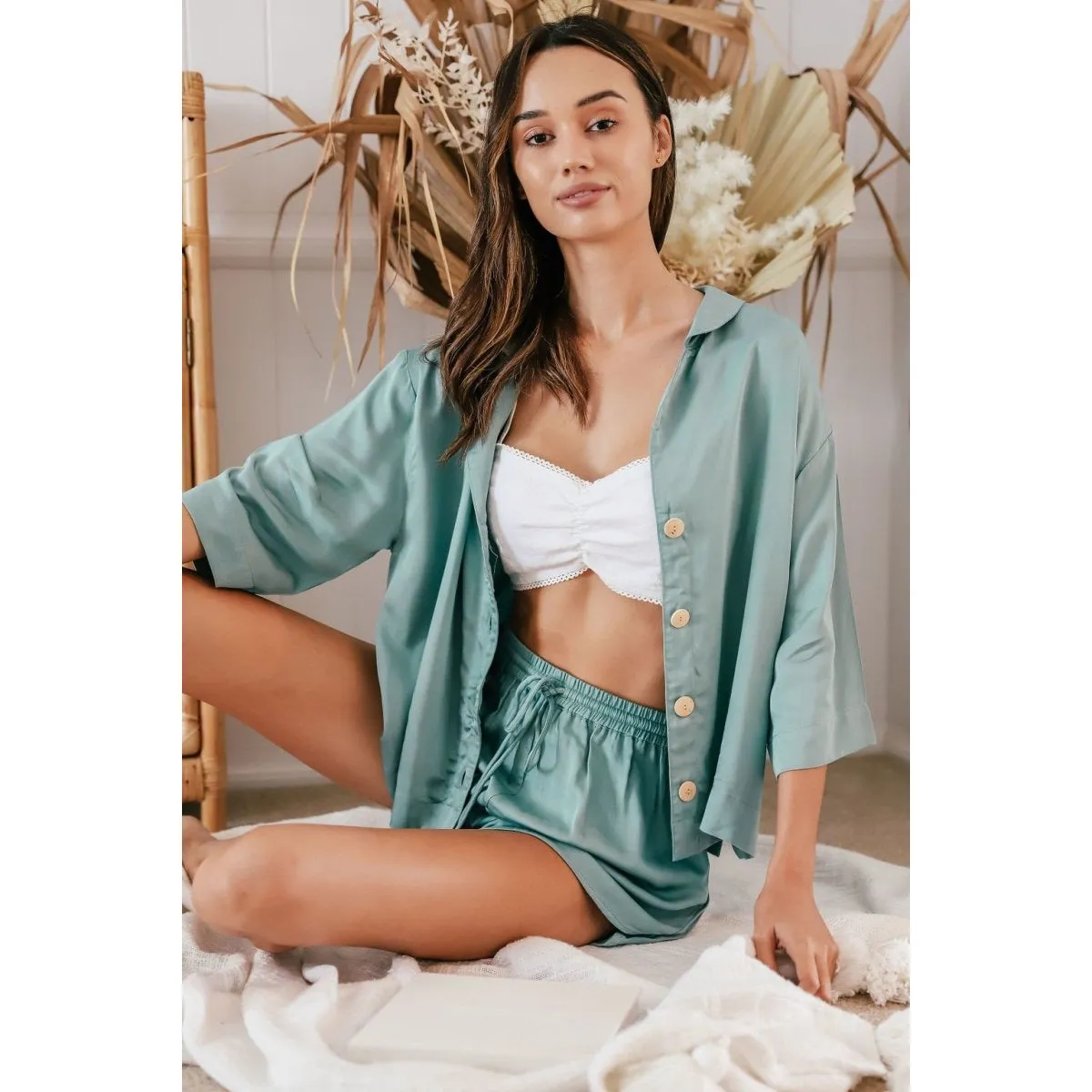 Bamboo Pyjamas - Crop Button Up   Short PJ Set in Sage Green