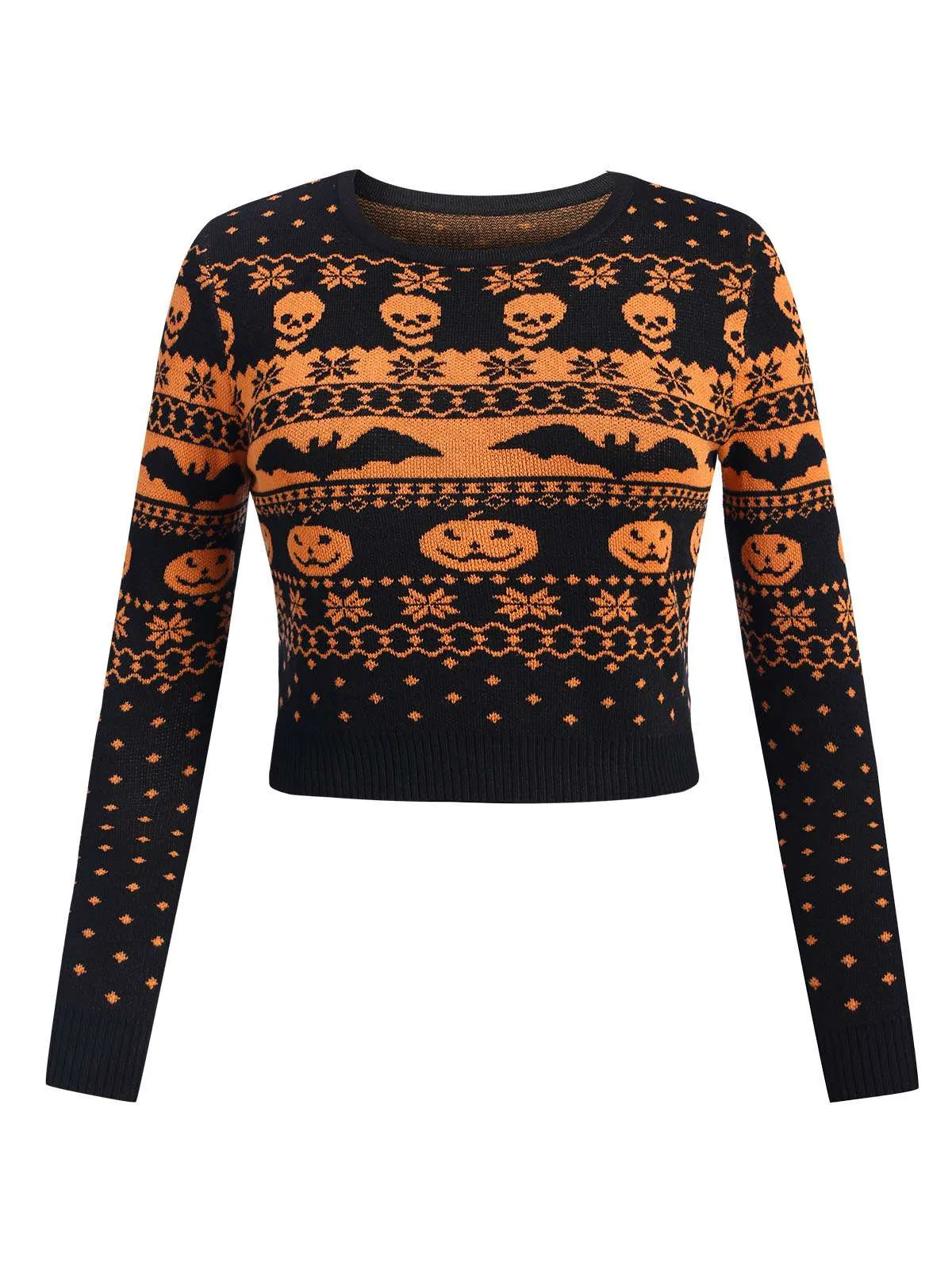 Black 1970s Halloween Skull Bat Crop Sweater