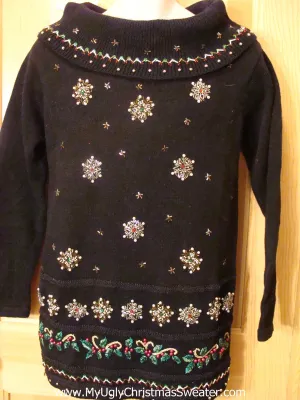 Black 80s Ugly Christmas Sweater with Bling Snowflakes