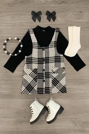 Black Plaid Jumper Dress Set