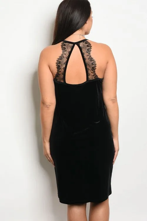 Black Velvet Bodycon Plus Size Dress with Lace Accents