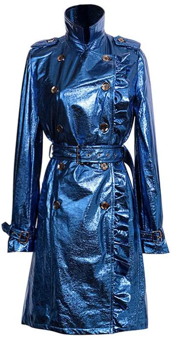 Blue Metallic Crackle Faux-Leather Ruffle Coat