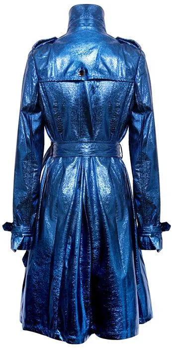 Blue Metallic Crackle Faux-Leather Ruffle Coat