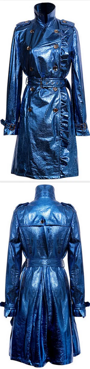 Blue Metallic Crackle Faux-Leather Ruffle Coat