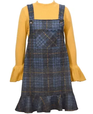 Bonnie Jean Plaid Jacquard Knit Jumper with Flounce and Ribbed Mock Neck Shirt, 2 Piece - Mustard