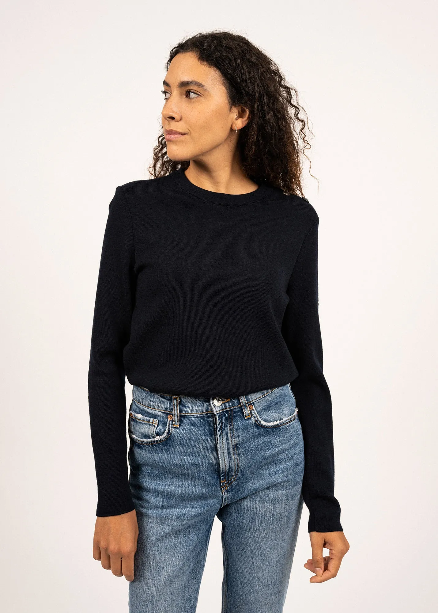 Brégançon Bretagne jumper - in wool, with contrasting elbow patches (NAVY/MULTICO)