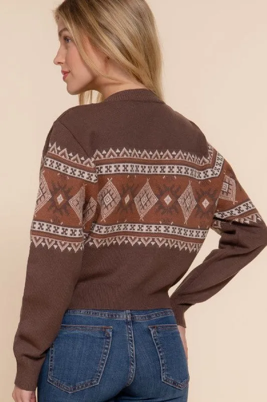 Brown Printed Crop Sweater