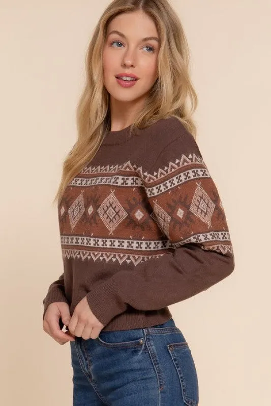 Brown Printed Crop Sweater