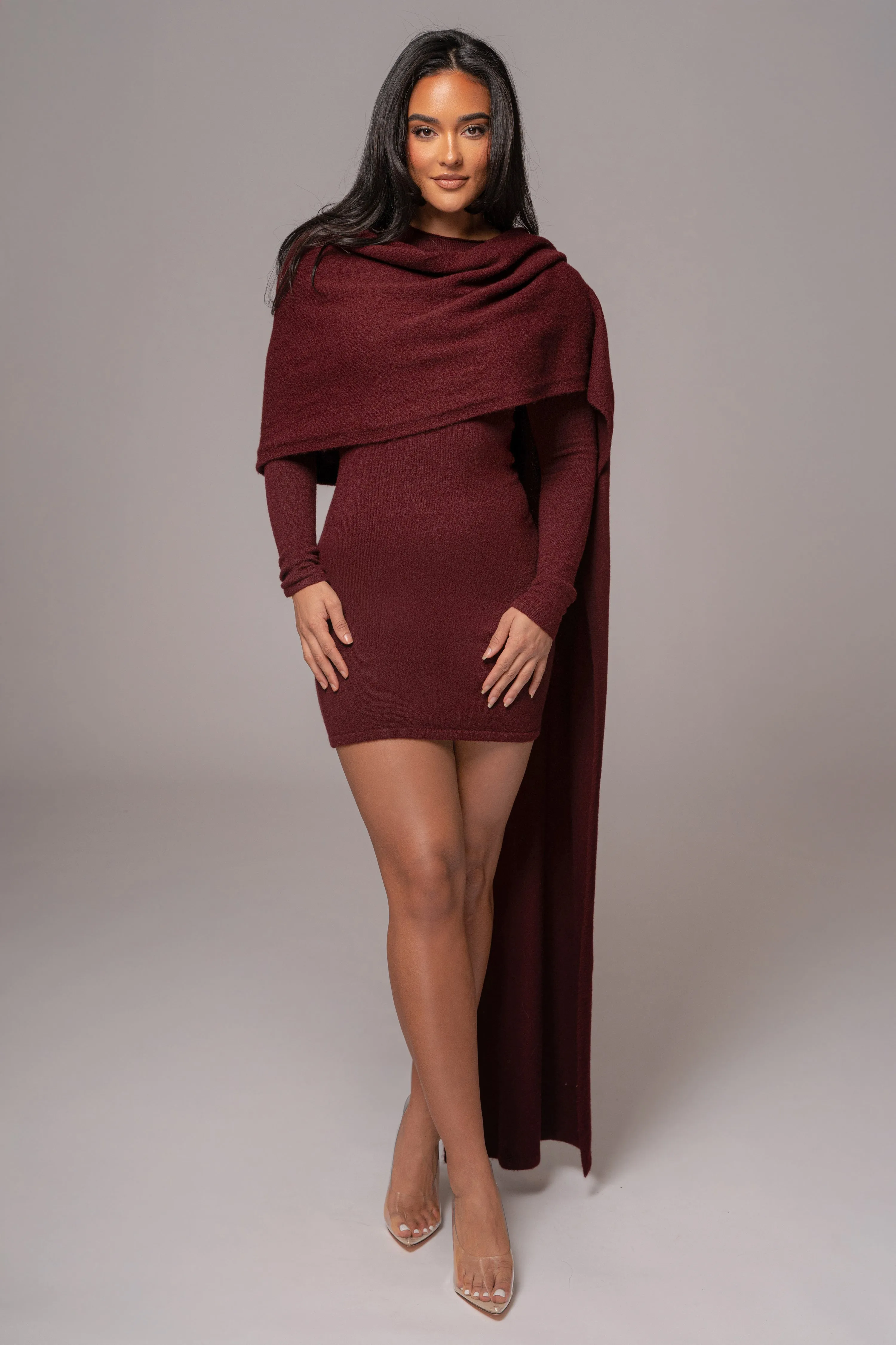 Burgundy Scarf Draped Mini Dress