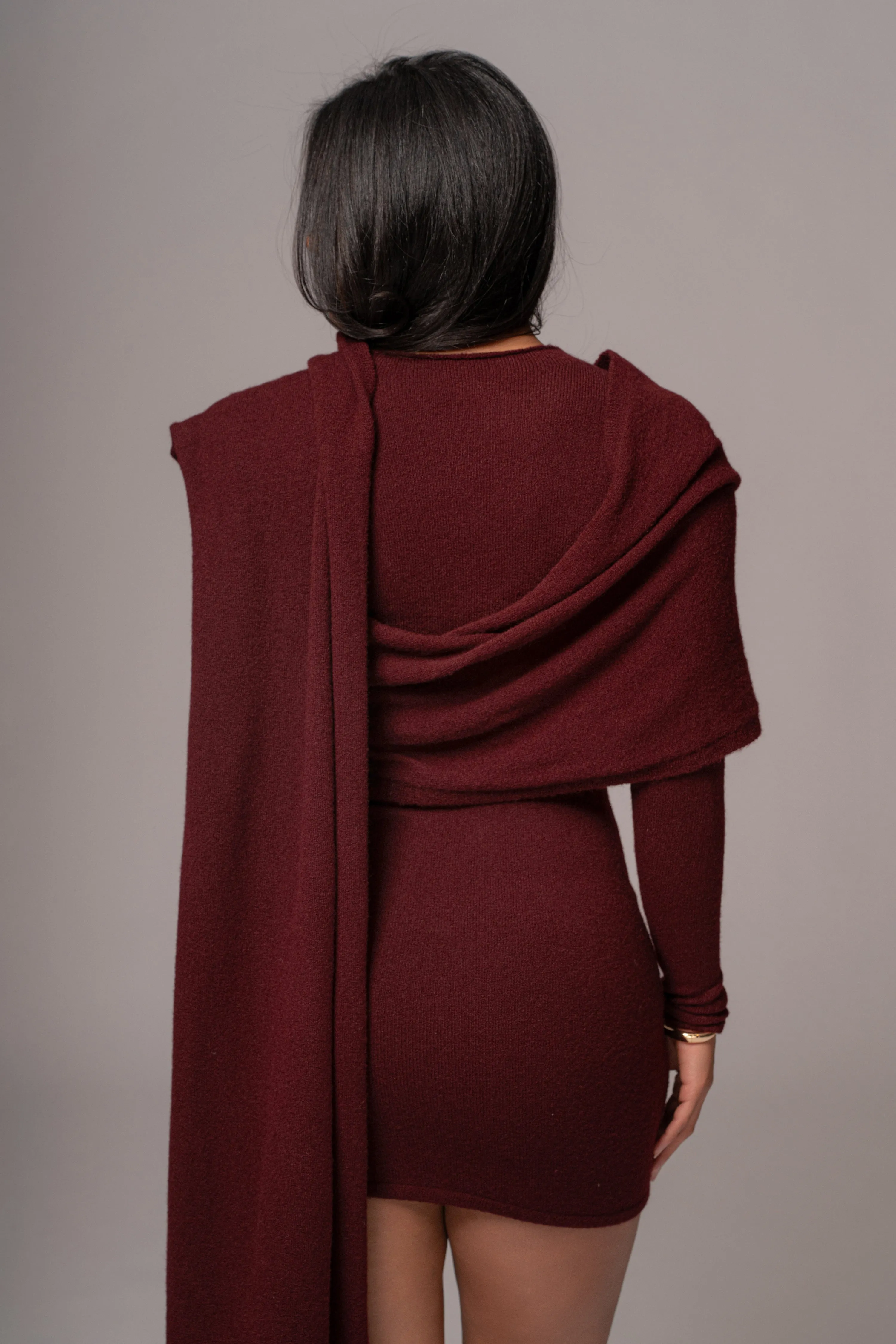 Burgundy Scarf Draped Mini Dress