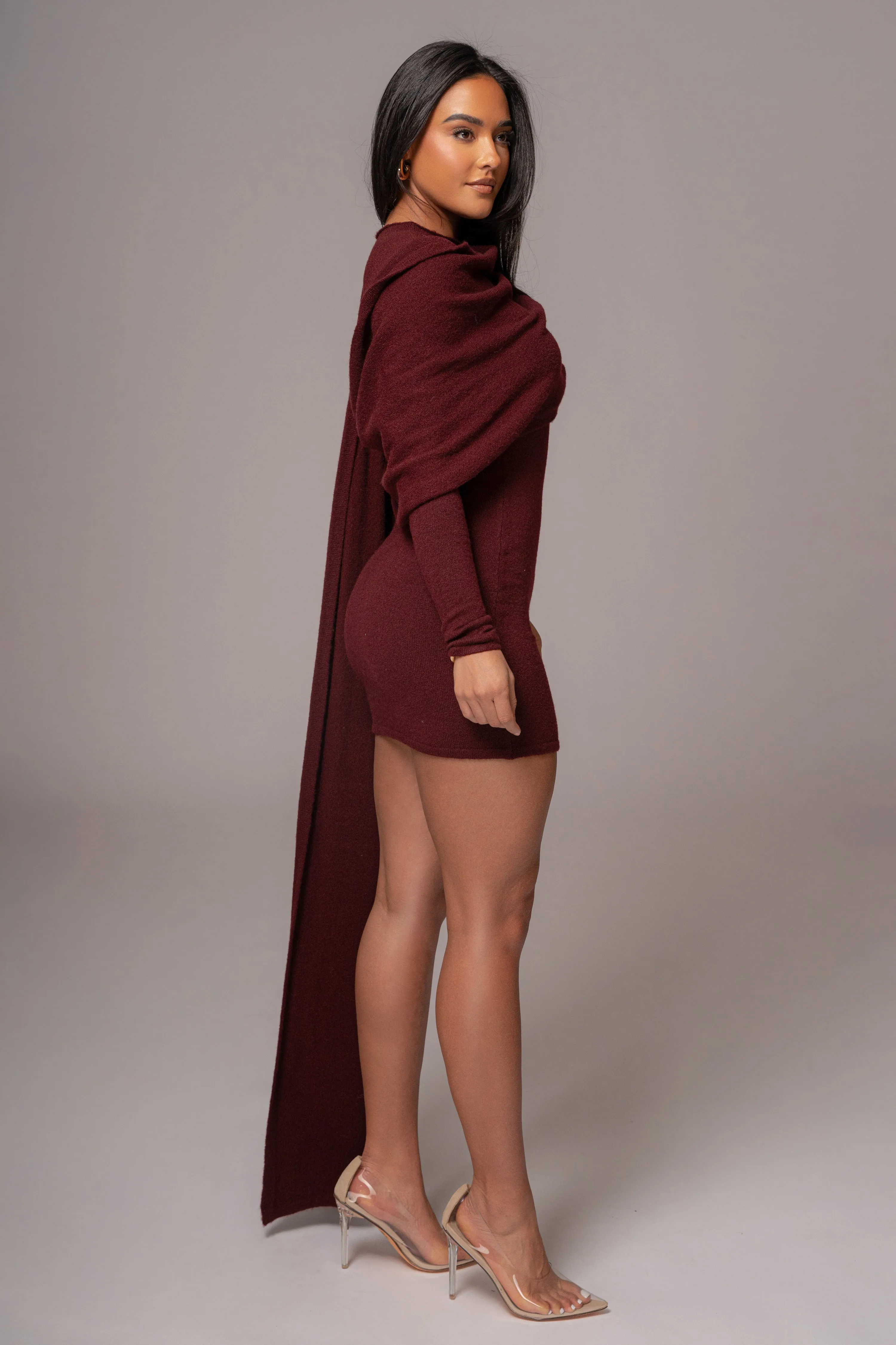 Burgundy Scarf Draped Mini Dress