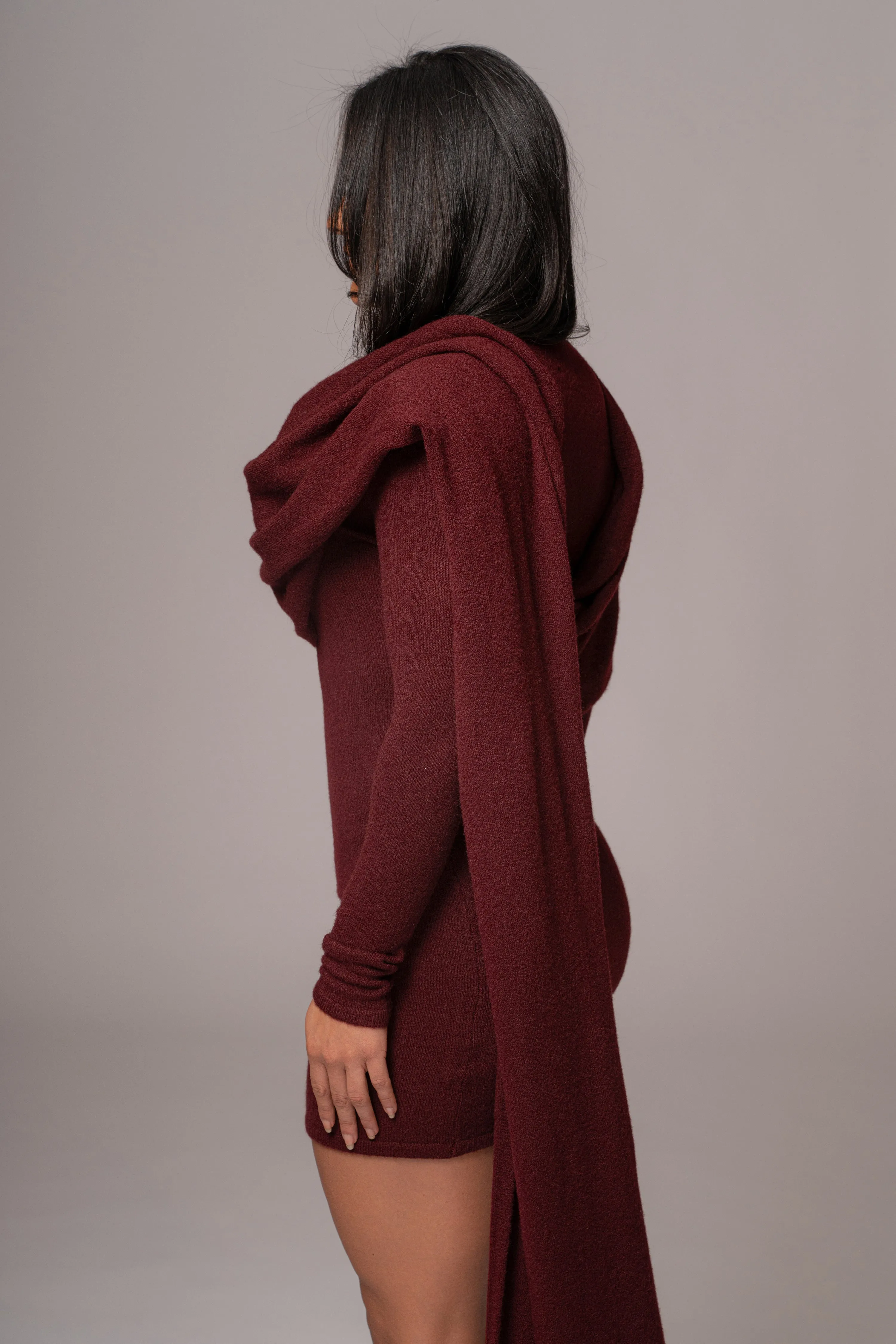 Burgundy Scarf Draped Mini Dress