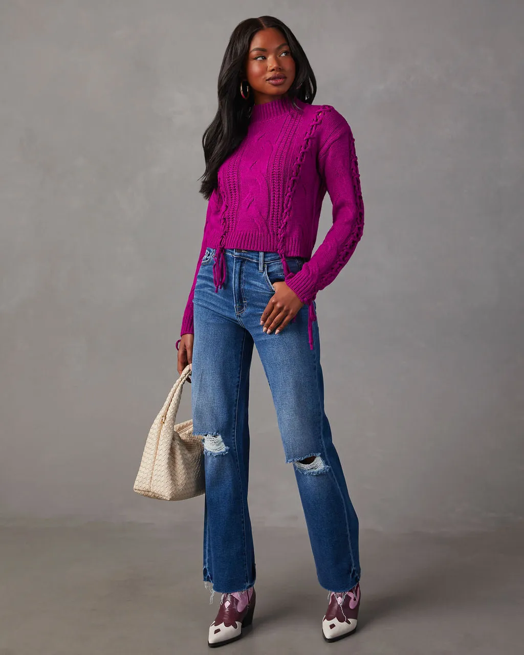 Camelia Mock Neck Lace Up Sweater