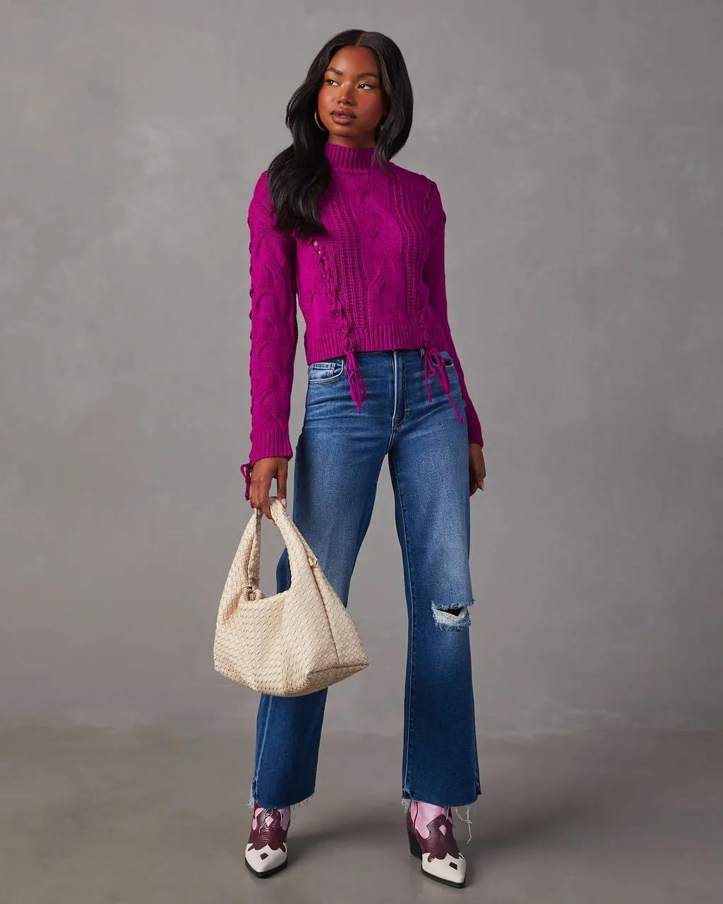 Camelia Mock Neck Lace Up Sweater