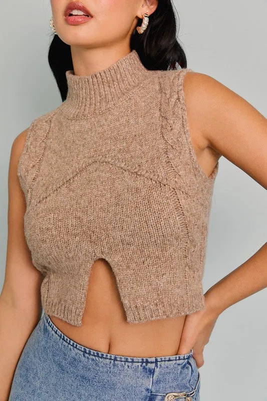 Carson Mock Neck Cut Out Cropped Sweater Top Mocha