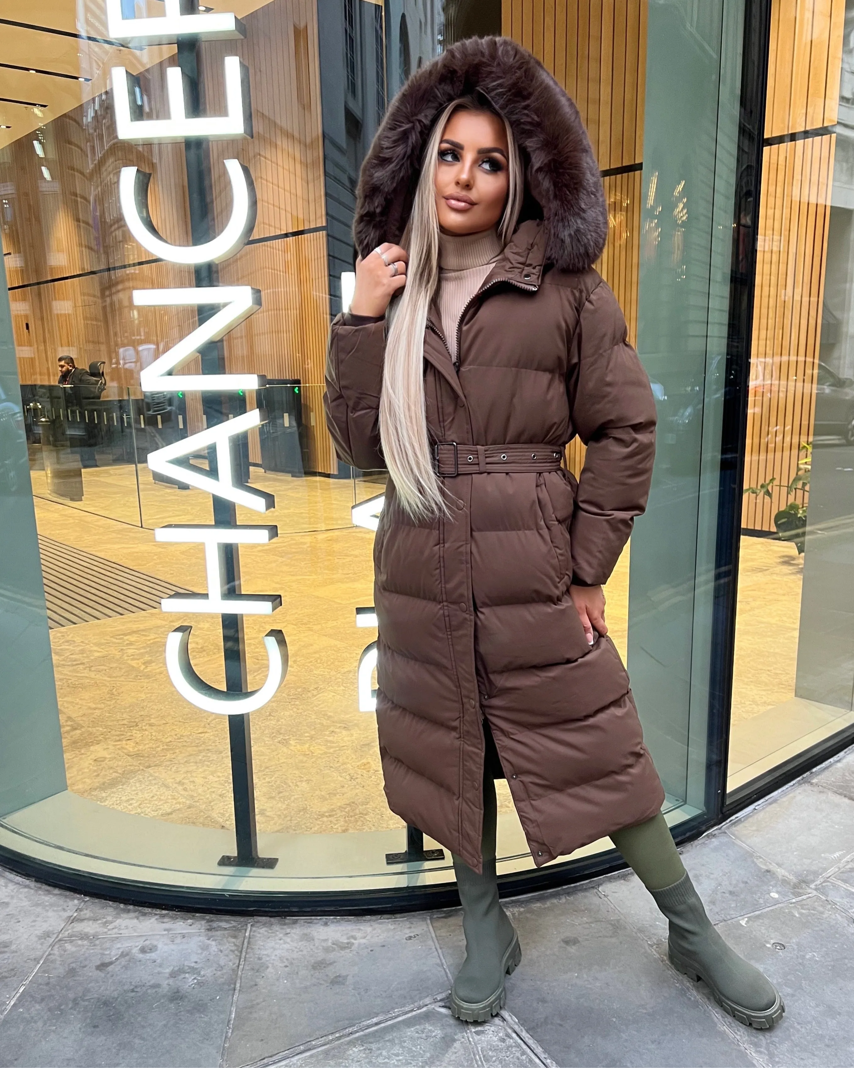 Chantel Long Padded Faux Fur Hooded Coat - Chocolate