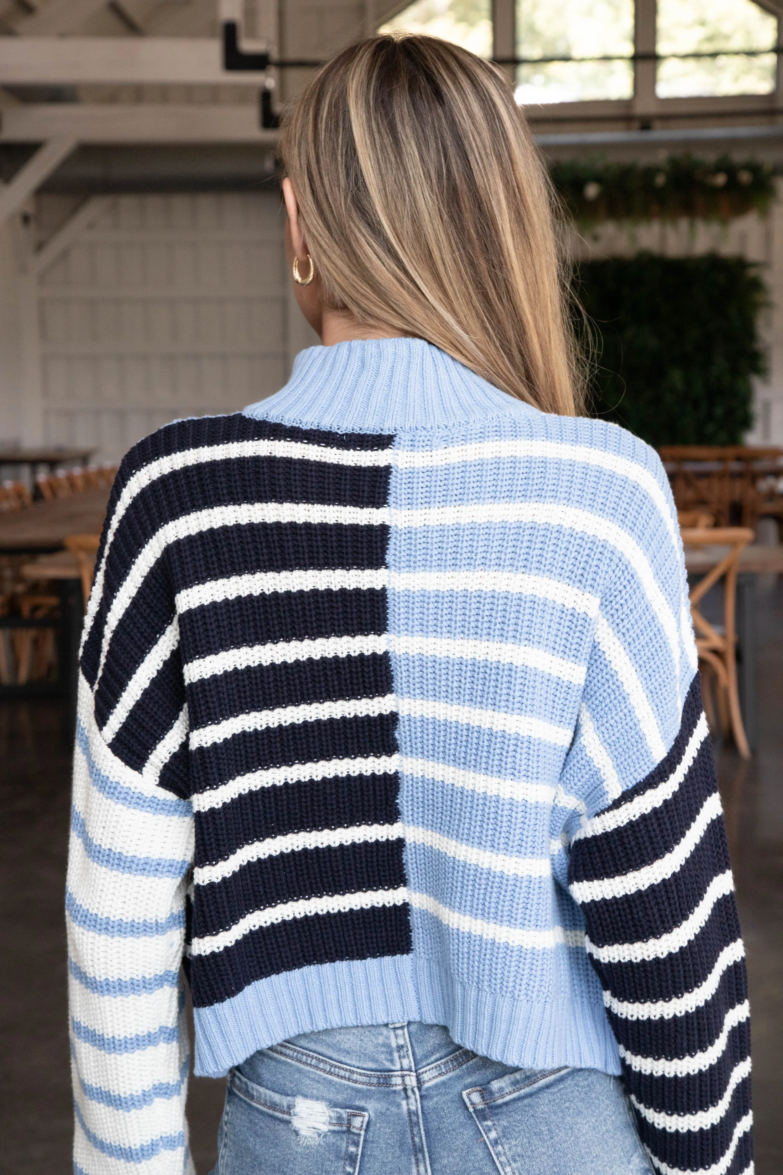 Charleigh Colorblock Striped Sweater, Light Blue/Navy/White