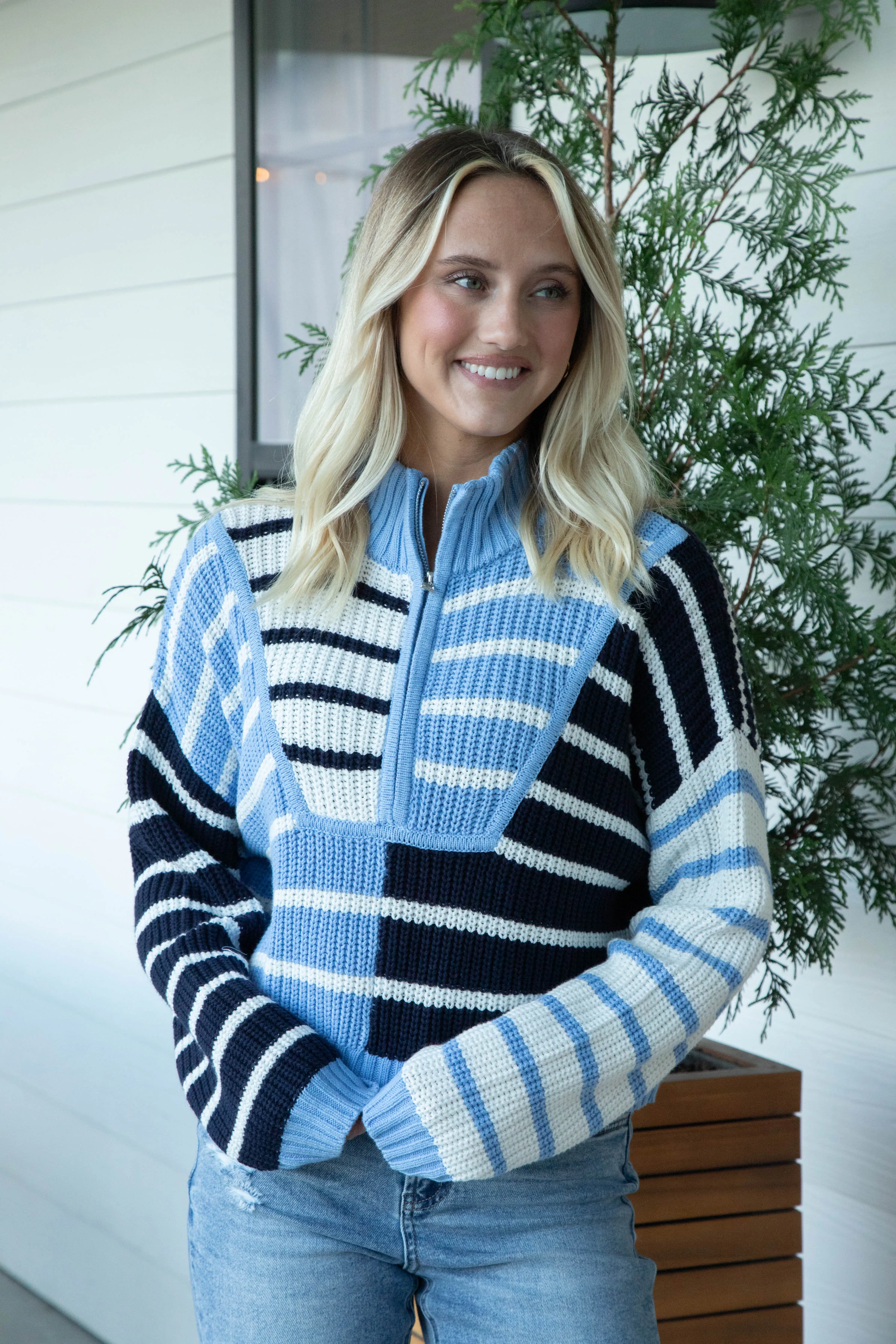 Charleigh Colorblock Striped Sweater, Light Blue/Navy/White