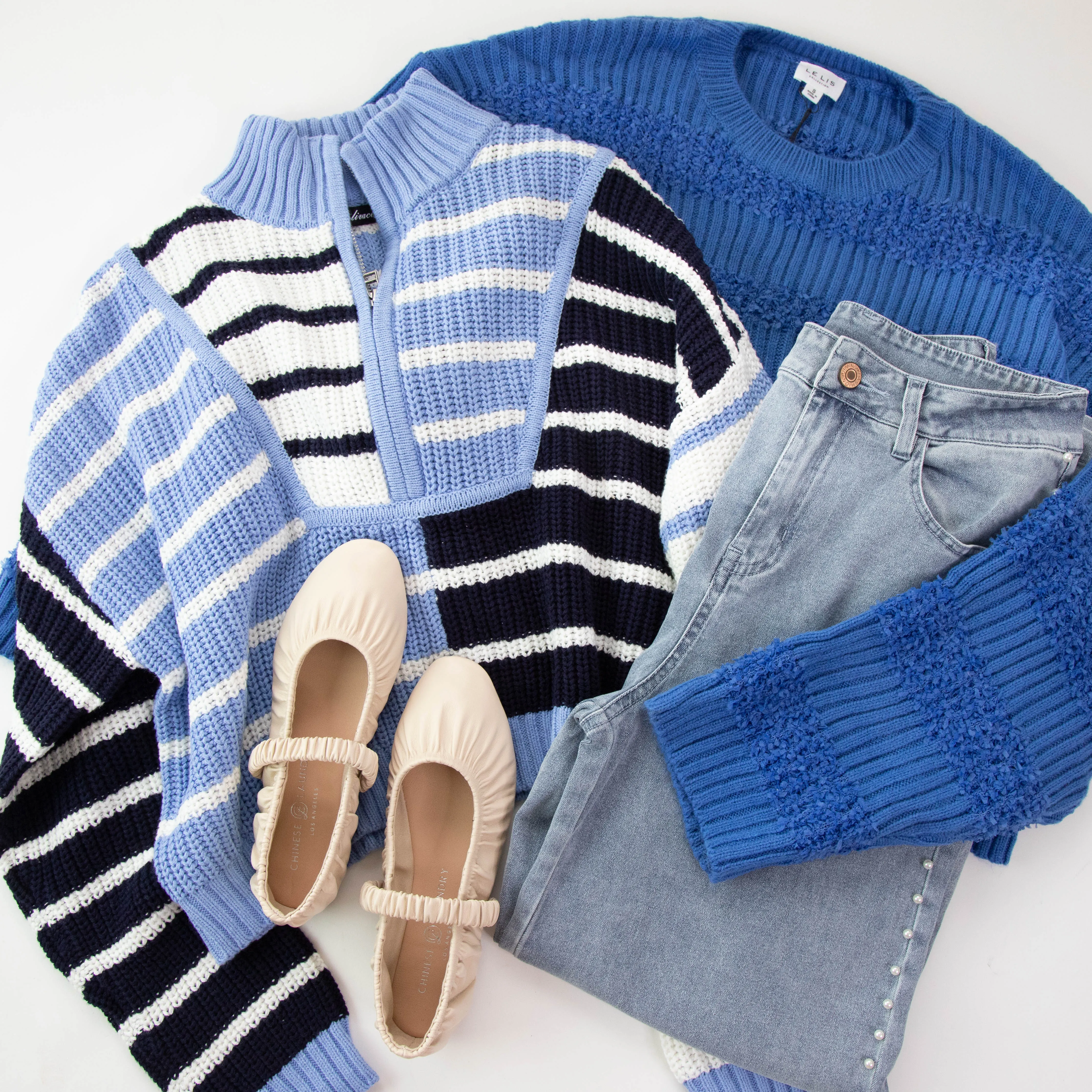 Charleigh Colorblock Striped Sweater, Light Blue/Navy/White