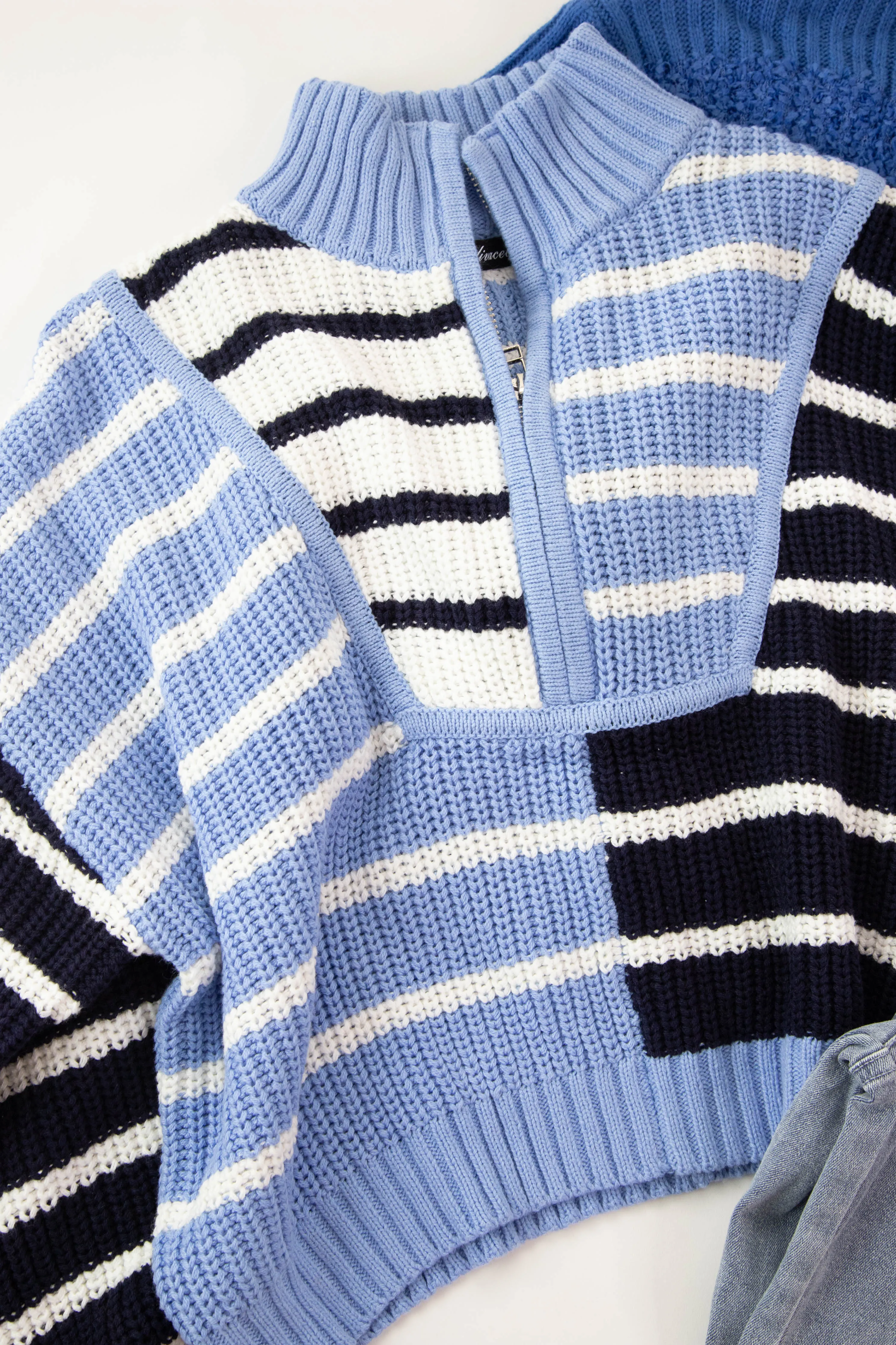 Charleigh Colorblock Striped Sweater, Light Blue/Navy/White