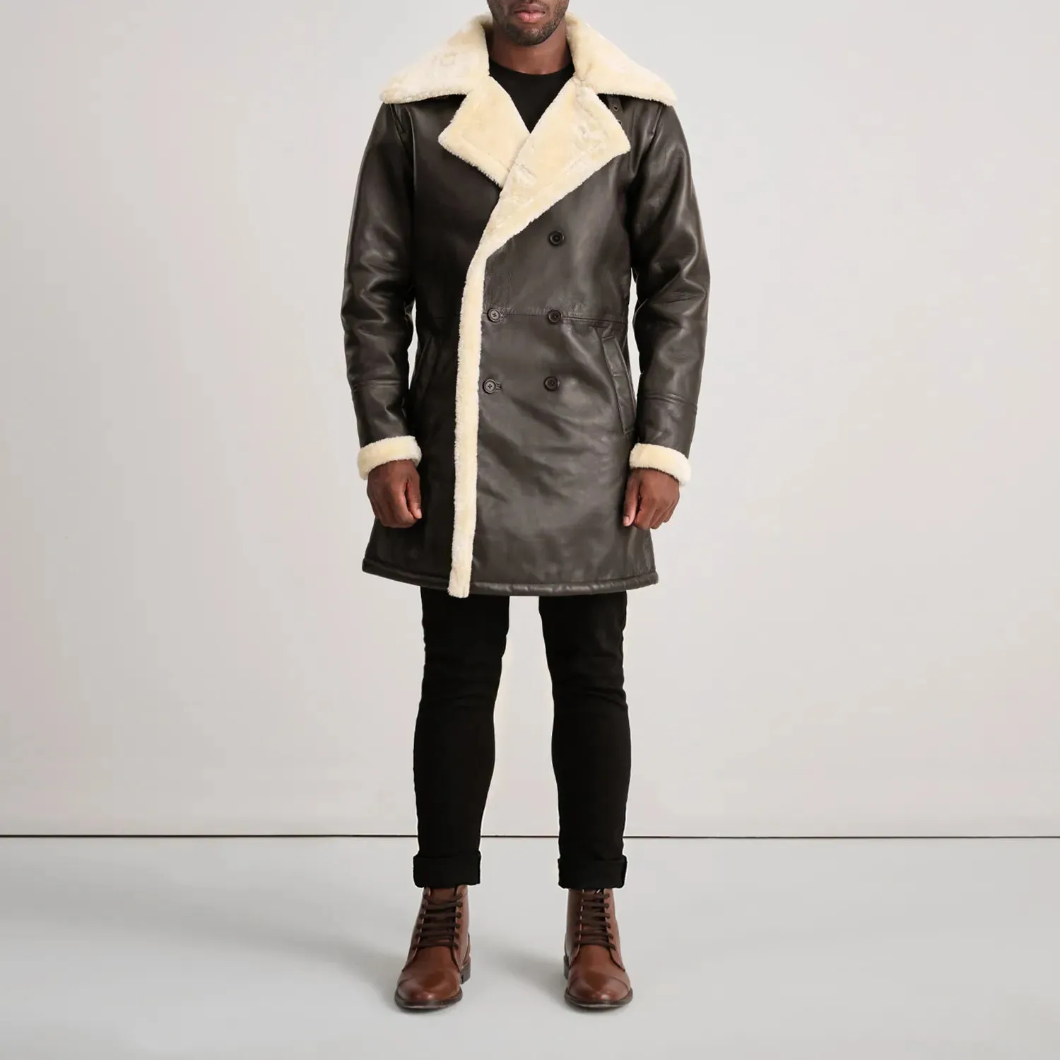 Charles Brown Leather Shearling Double-Breasted Coat