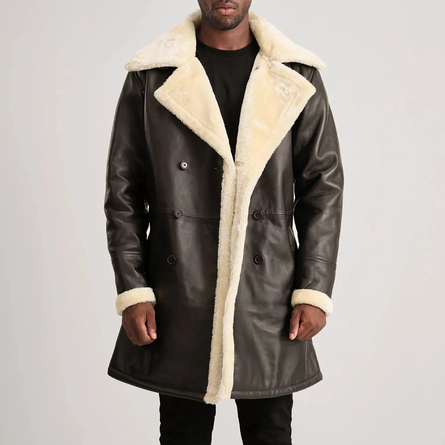 Charles Brown Leather Shearling Double-Breasted Coat