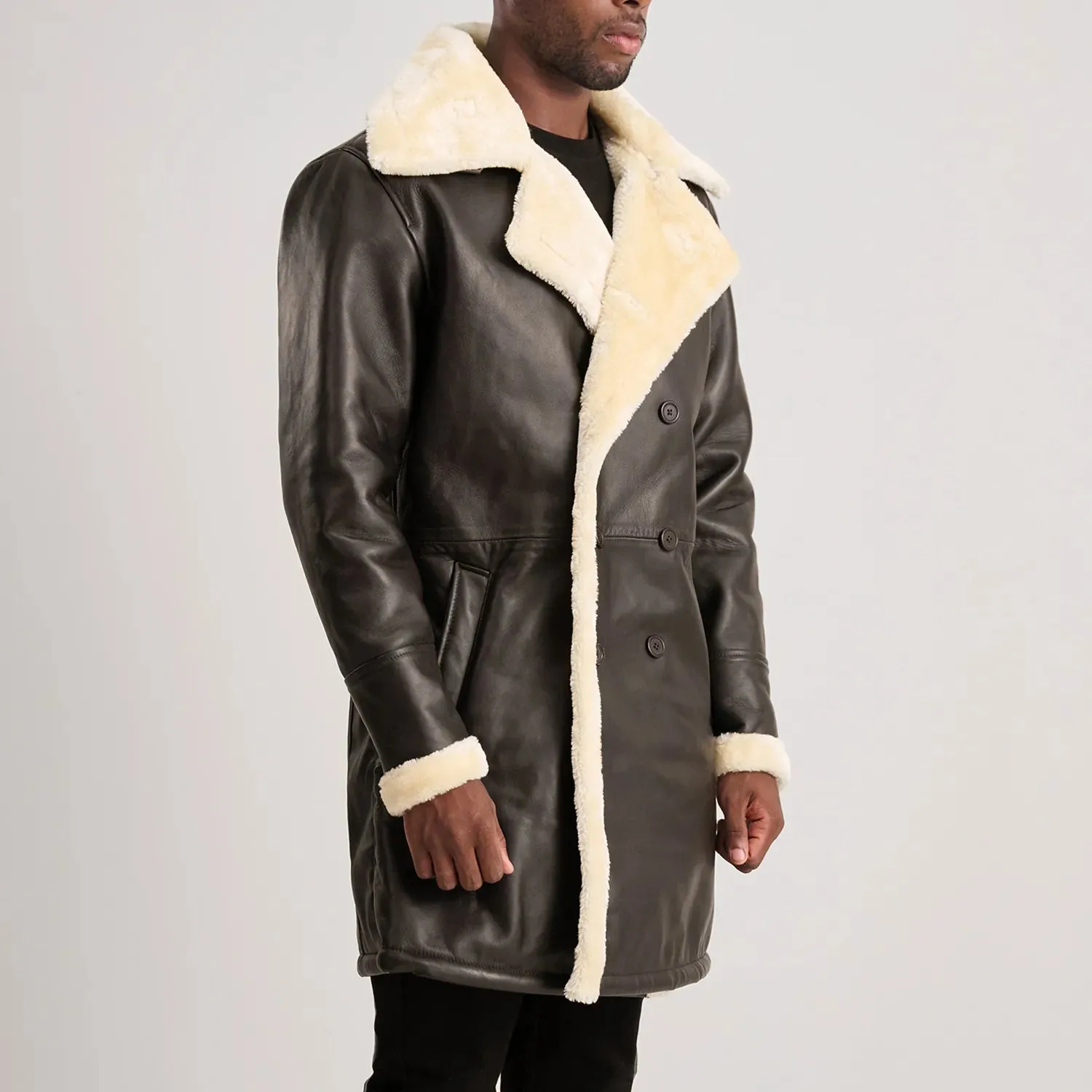 Charles Brown Leather Shearling Double-Breasted Coat