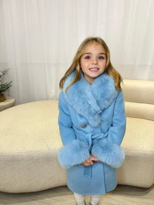 Childrens Pastel Blue Luxury Fur Cashmere Coat