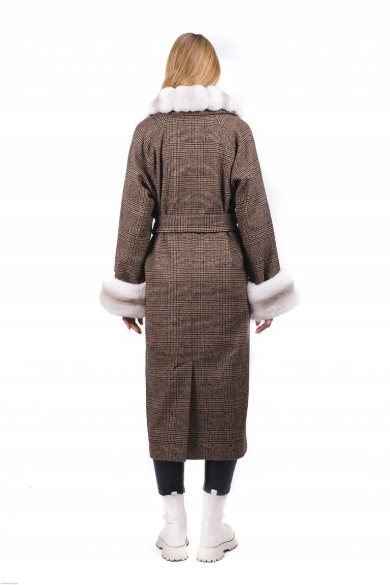 Chinchilla Fur Trimmed Wool Check Coat