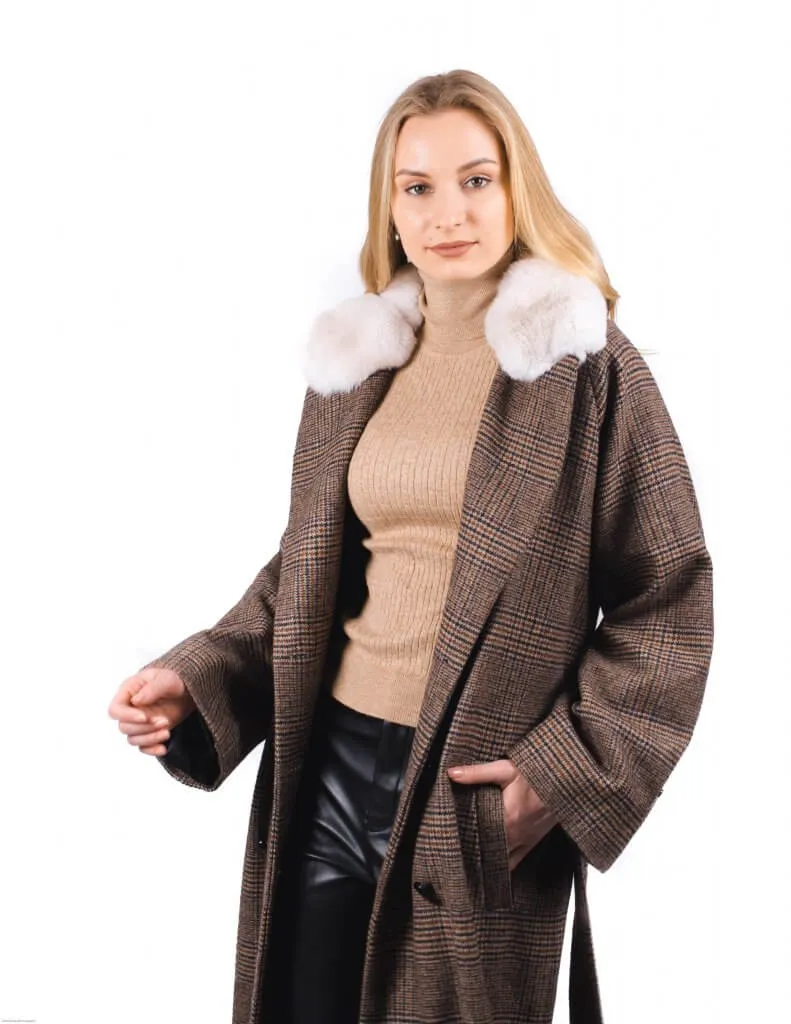 Chinchilla Fur Trimmed Wool Check Coat