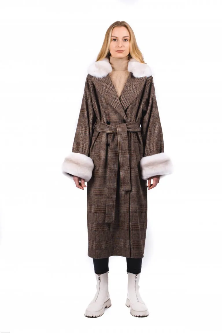 Chinchilla Fur Trimmed Wool Check Coat