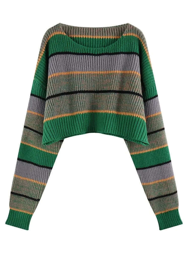 christmas outfit Sonicelife Contrast Color Stripe Loose Crop Sweater