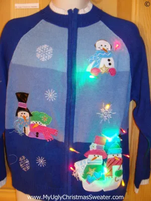 Christmas Sweater Pastel Colored Snowmen, with Lights