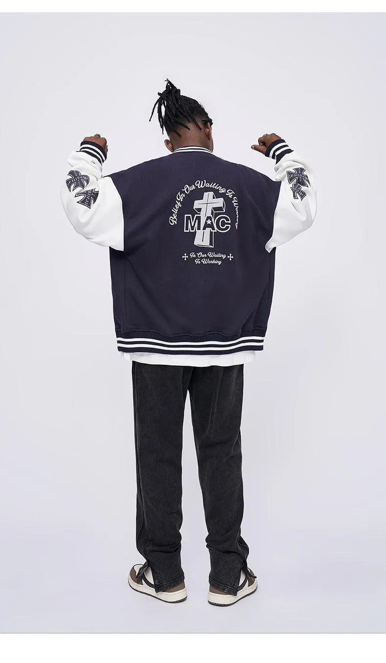 Contrast Color Loose Printed Baseball Jacket - Winter Streetwear Style