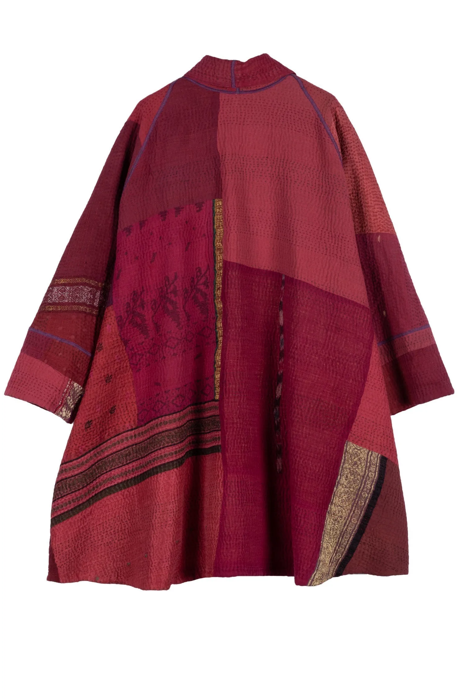 COTTON SILK SW PATCH KANTHA KIMONO LONG JKT - ws4005-red -