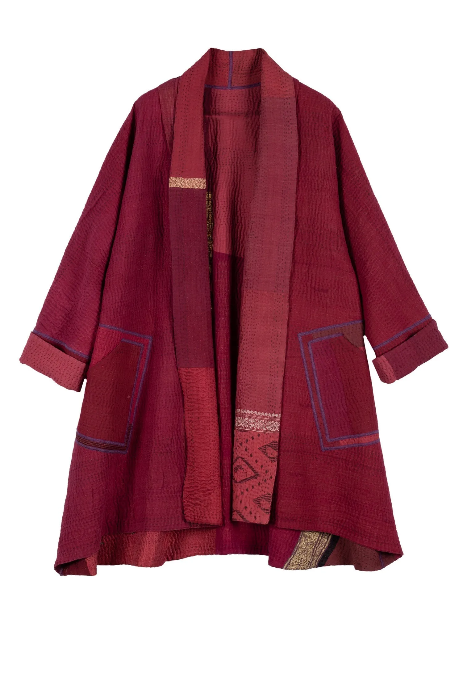 COTTON SILK SW PATCH KANTHA KIMONO LONG JKT - ws4005-red -