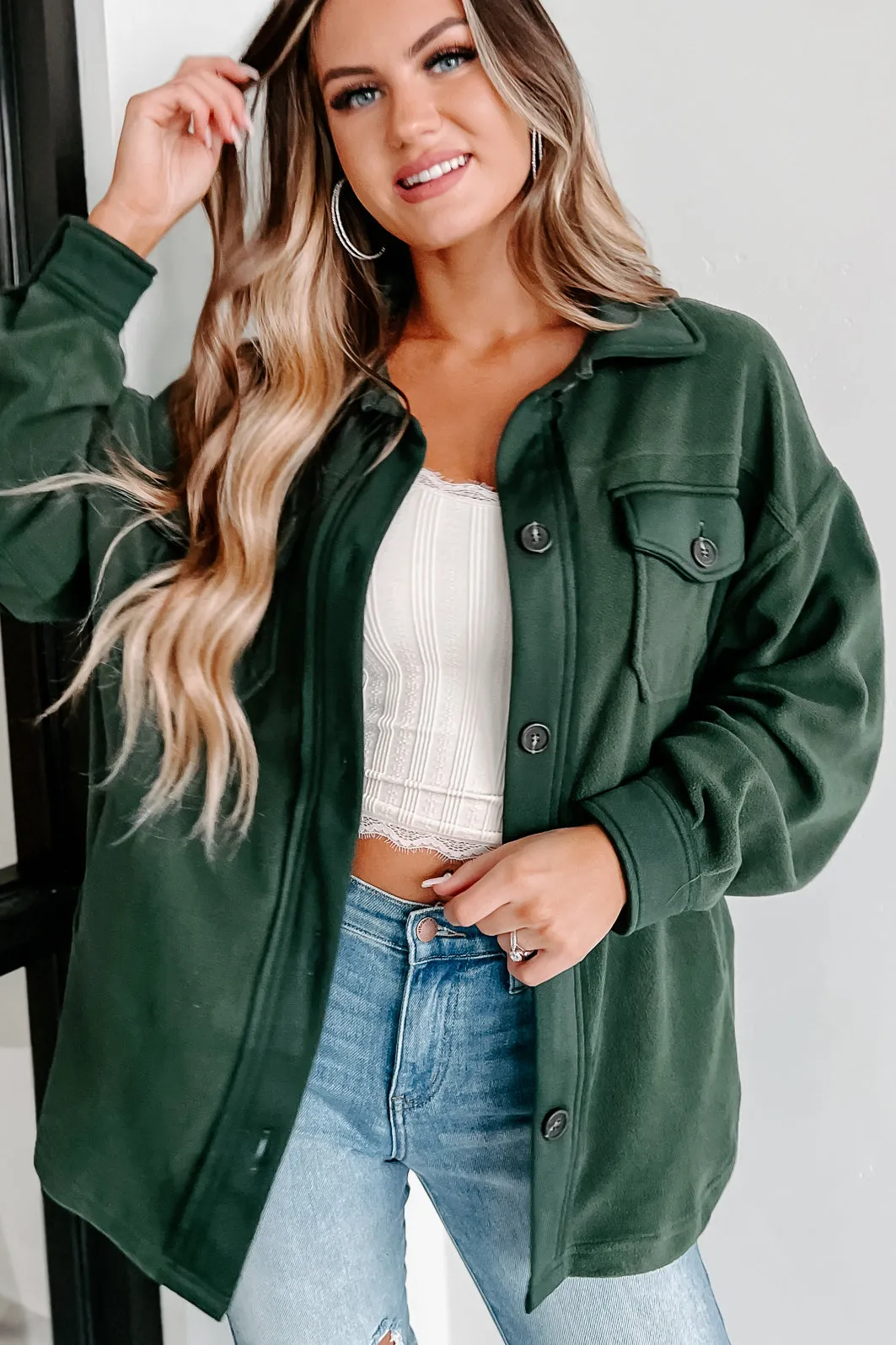 Cozy Campfire Nights Oversized Fleece Shacket (Army Green)